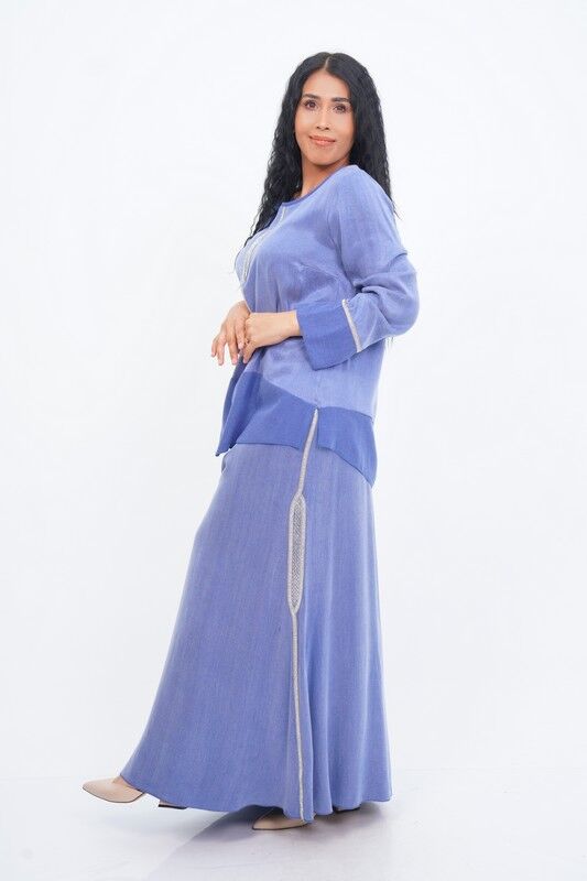 Şerit Taş Detay Bluz Etek Takım Saks - 40-48