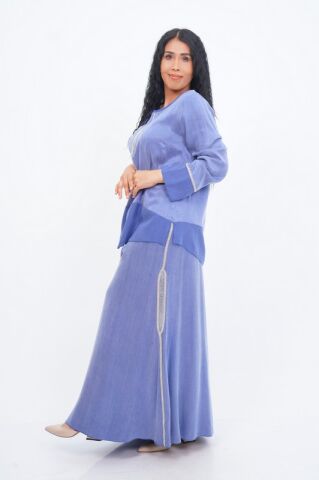 Şerit Taş Detay Bluz Etek Takım Saks - 40-48