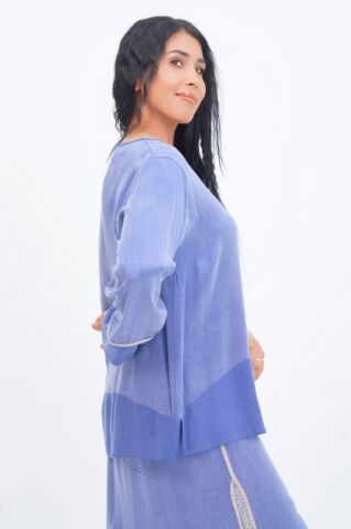 Şerit Taş Detay Bluz Etek Takım Saks - 40-48