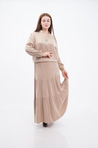 Şerit Taş Detay Ceket Etek Takım Bej - 40-48