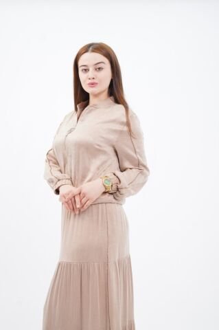 Şerit Taş Detay Ceket Etek Takım Bej - 40-48