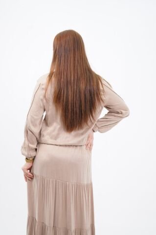 Şerit Taş Detay Ceket Etek Takım Bej - 40-48