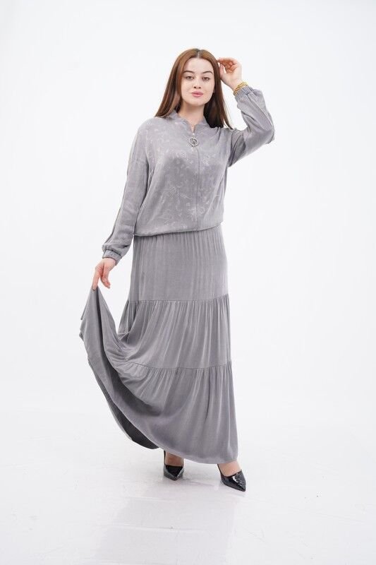 Şerit Taş Detay Ceket Etek Takım Gri - 40-48