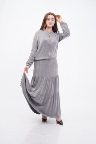 Şerit Taş Detay Ceket Etek Takım Gri - 40-48