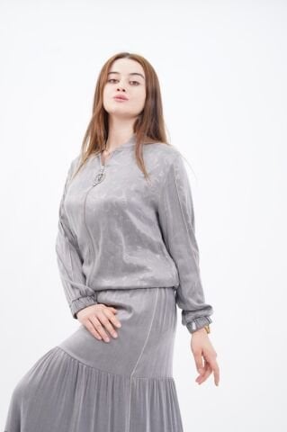 Şerit Taş Detay Ceket Etek Takım Gri - 40-48