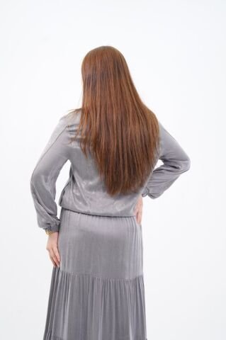 Şerit Taş Detay Ceket Etek Takım Gri - 40-48