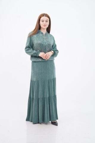 Şerit Taş Detay Ceket Etek Takım Yeşil - 40-48