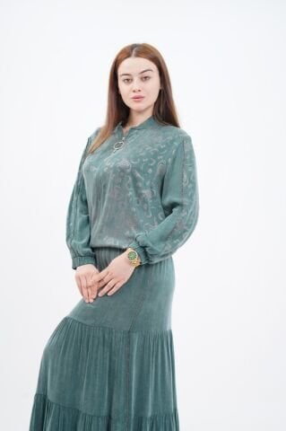 Şerit Taş Detay Ceket Etek Takım Yeşil - 40-48