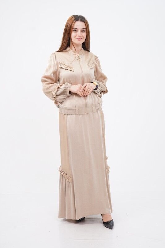 Fırfır Detay Organze Tensel Kombin Ceket Etek Takım Bej - 40-48