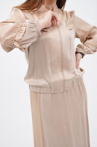 Fırfır Detay Organze Tensel Kombin Ceket Etek Takım Bej - 40-48