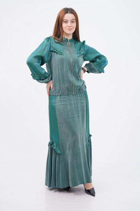 Fırfır Detay Organze Tensel Kombin Ceket Etek Takım Yeşil - 40-48