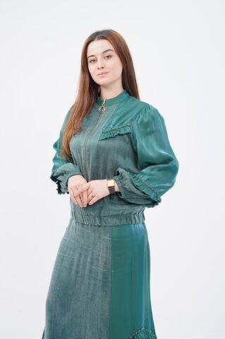 Fırfır Detay Organze Tensel Kombin Ceket Etek Takım Yeşil - 40-48