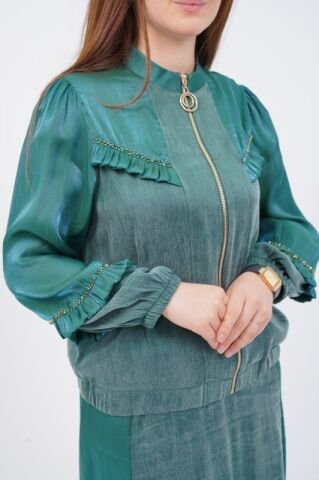 Fırfır Detay Organze Tensel Kombin Ceket Etek Takım Yeşil - 40-48