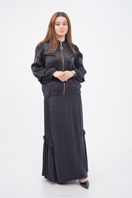 Fırfır Detay Organze Tensel Kombin Ceket Etek Takım Siyah - 40-48