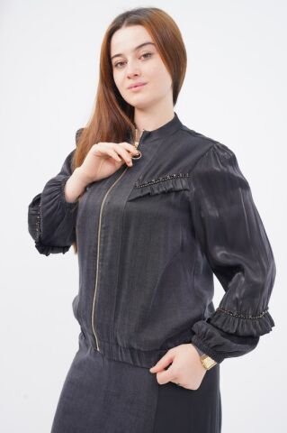 Fırfır Detay Organze Tensel Kombin Ceket Etek Takım Siyah - 40-48