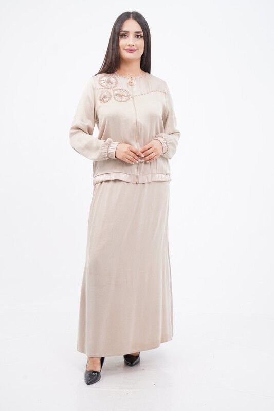 El Yapımı Yuvarlak Organze Süsleme Ceket Etek Takım Bej - 40-48