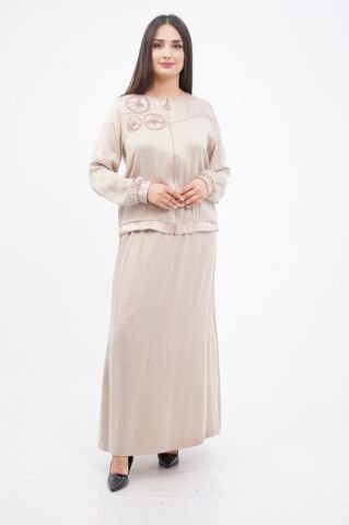 El Yapımı Yuvarlak Organze Süsleme Ceket Etek Takım Bej - 40-48