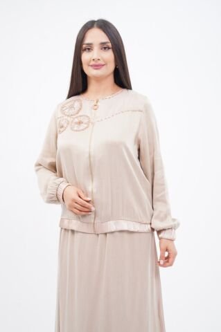 El Yapımı Yuvarlak Organze Süsleme Ceket Etek Takım Bej - 40-48