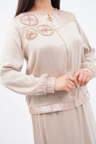 El Yapımı Yuvarlak Organze Süsleme Ceket Etek Takım Bej - 40-48