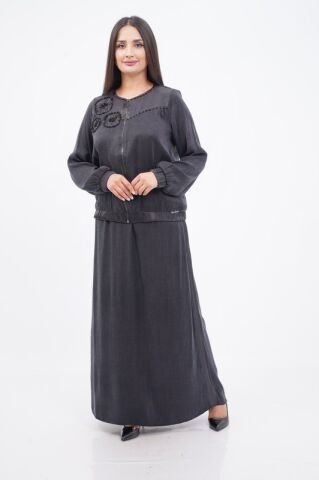 El Yapımı Yuvarlak Organze Süsleme Ceket Etek Takım Siyah - 40-48