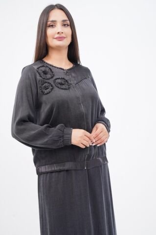 El Yapımı Yuvarlak Organze Süsleme Ceket Etek Takım Siyah - 40-48