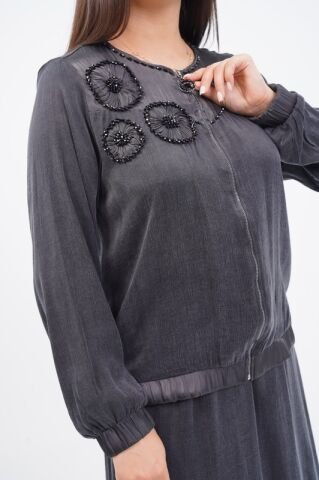 El Yapımı Yuvarlak Organze Süsleme Ceket Etek Takım Siyah - 40-48