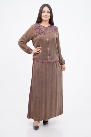 El Yapımı Yuvarlak Organze Süsleme Ceket Etek Takım Kahve - 40-48