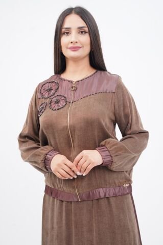 El Yapımı Yuvarlak Organze Süsleme Ceket Etek Takım Kahve - 40-48