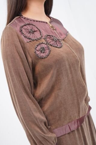 El Yapımı Yuvarlak Organze Süsleme Ceket Etek Takım Kahve - 40-48