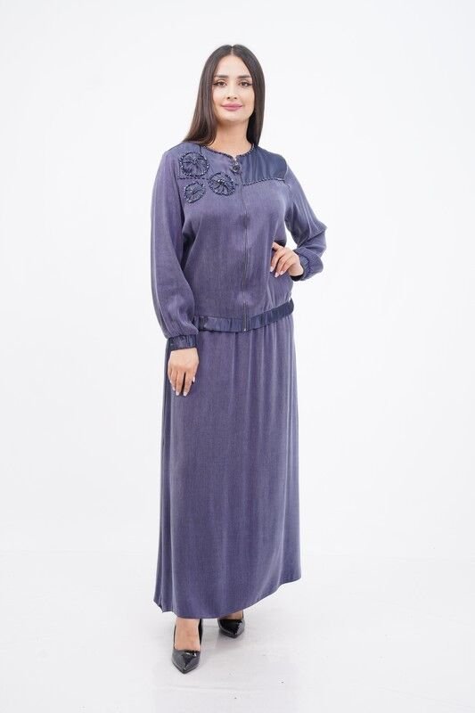 El Yapımı Yuvarlak Organze Süsleme Ceket Etek Takım Lacivert - 40-48