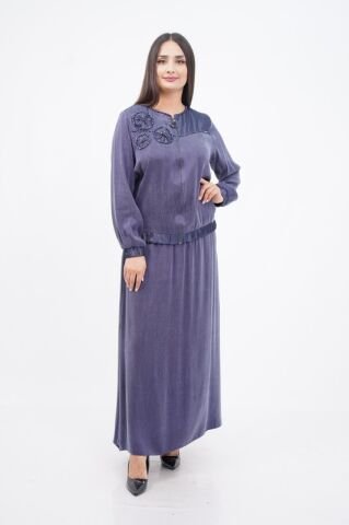 El Yapımı Yuvarlak Organze Süsleme Ceket Etek Takım Lacivert - 40-48