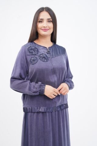 El Yapımı Yuvarlak Organze Süsleme Ceket Etek Takım Lacivert - 40-48