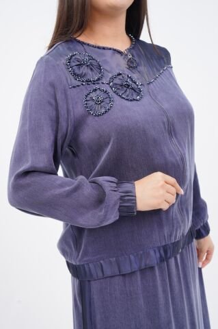 El Yapımı Yuvarlak Organze Süsleme Ceket Etek Takım Lacivert - 40-48