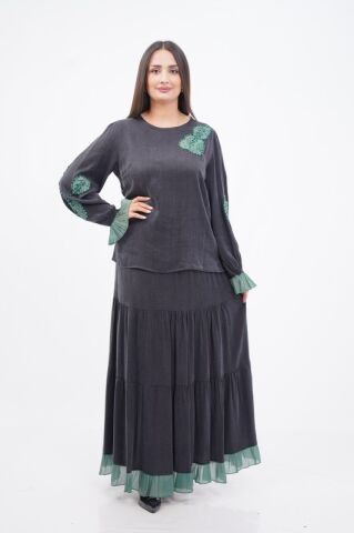 El Yapımı Organze Aplikeli Boncuklu Bluz Ve Etek Takım Siyah Yeşil - 40-48