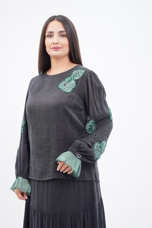 El Yapımı Organze Aplikeli Boncuklu Bluz Ve Etek Takım Siyah Yeşil - 40-48