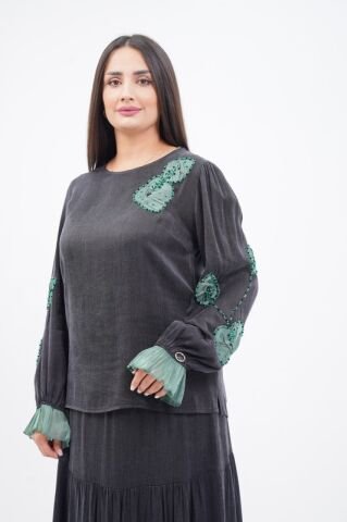 El Yapımı Organze Aplikeli Boncuklu Bluz Ve Etek Takım Siyah Yeşil - 40-48