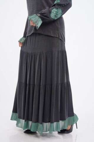 El Yapımı Organze Aplikeli Boncuklu Bluz Ve Etek Takım Siyah Yeşil - 40-48