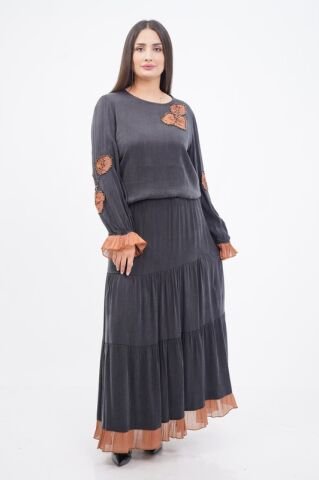 El Yapımı Organze Aplikeli Boncuklu Bluz Ve Etek Takım Siyah Camel - 40-48