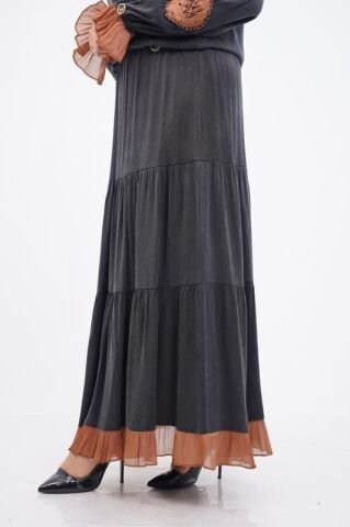 El Yapımı Organze Aplikeli Boncuklu Bluz Ve Etek Takım Siyah Camel - 40-48