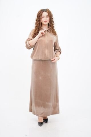 Fleto Cepli Ceket Ve Etek Takım Camel - 40-48