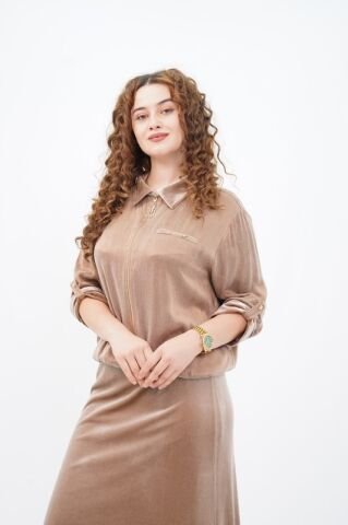 Fleto Cepli Ceket Ve Etek Takım Camel - 40-48