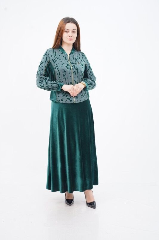 Flok Baskı Hakim Yaka Ceket Etek Takım Zümrüt - 40-48