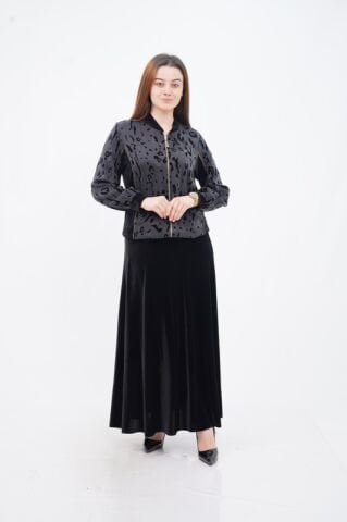 Flok Baskı Hakim Yaka Ceket Etek Takım Siyah - 40-48