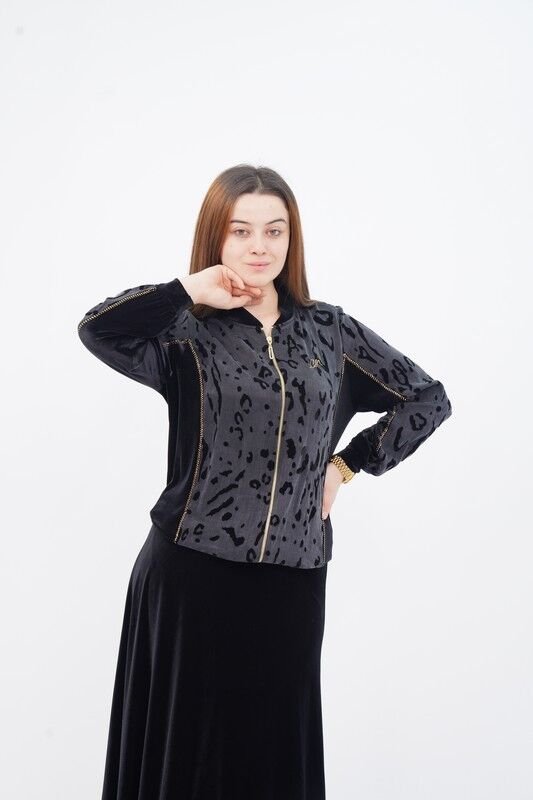 Flok Baskı Hakim Yaka Ceket Etek Takım Siyah - 40-48