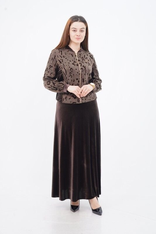 Flok Baskı Hakim Yaka Ceket Etek Takım Kahve - 40-48