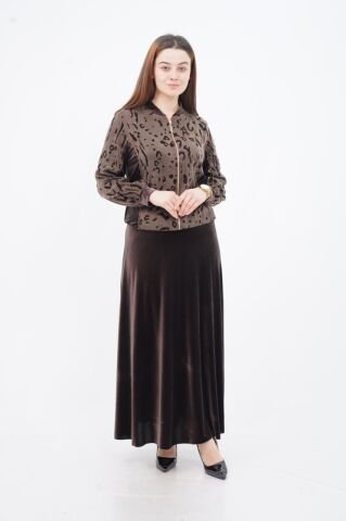 Flok Baskı Hakim Yaka Ceket Etek Takım Kahve - 40-48