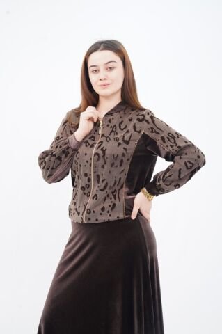 Flok Baskı Hakim Yaka Ceket Etek Takım Kahve - 40-48