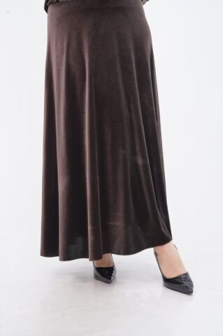 Flok Baskı Hakim Yaka Ceket Etek Takım Kahve - 40-48