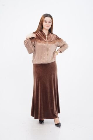 Dantel Boncuk Detay Ceket Etek Takım Kahve - 40-48