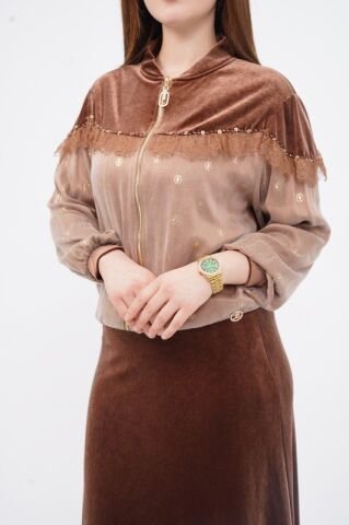 Dantel Boncuk Detay Ceket Etek Takım Kahve - 40-48